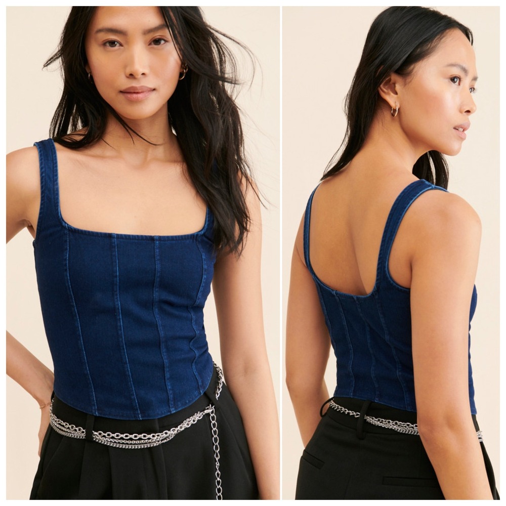 NWT Good American Denim Corset Top Indigo Blue Square Neck Seamed Tank Size 2